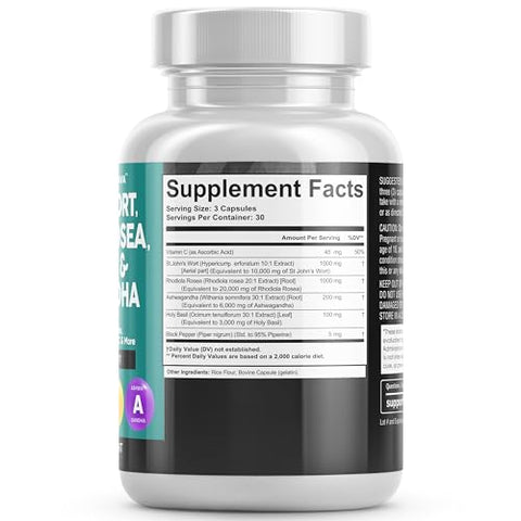 St Johns Wort 10.000mg, Rhodiola Rosea 20.000mg, Holy Basil 3.000mg, Ashwagandha 6.000mg – Suporte para o Humor com Vitamina C – Mulheres e Homens - Clean Nutraceuticals