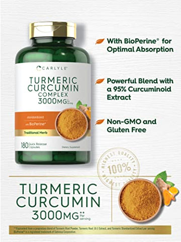 Cúrcuma Curcumina | 3000mg 180 Cápsulas | com Pimenta Preta, Curcuminoides e Bioperina | Não-OGM, Sem Glúten - Carlyle