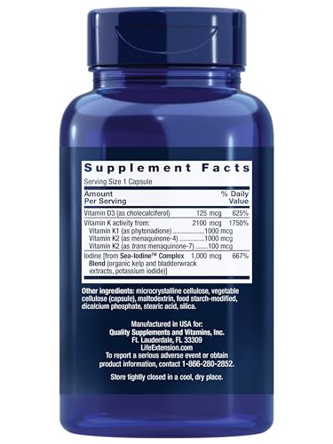 Vitaminas D e K da Life Extension com Sea-Iodine, D3, K1 e K2, iodine, suporte à saúde imunológica, óssea, arterial e da tireoide, sem GMO, sem glúten, 60 cápsulas