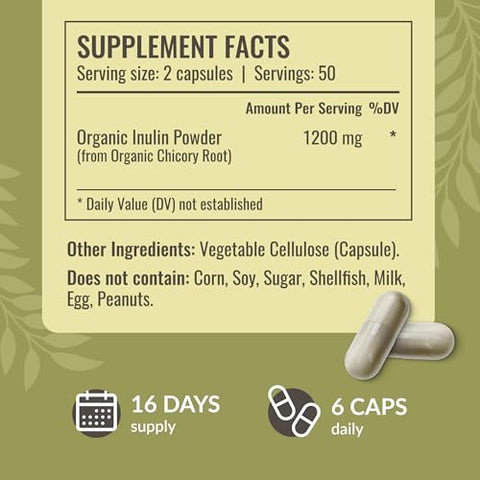 Cápsulas de Inulina – 1200 mg de Raiz de Chicória Inulina, Suplemento de Fibra Prebiótica – Pó de Inulina para Saúde Intestinal - HERBAMAMA