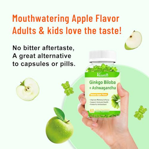 Vazatisi - Gummies de Ginkgo Biloba com Panax Ginseng para Melhorar o Humor e a Concentração, Estimulante Energético Tradicional e Saúde Cerebral, 120 Gummies Veganos de Sabor Maçã