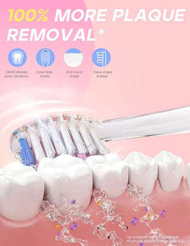 Escova de Dentes Elétrica SEAGO Kids com Temporizador de Escovação de 2 Minutos e 8 Cabeças de Escova Substituíveis, Luz LED Arco-Íris para Tornar a Escovação Divertida, Escova de Dentes Rosa a Pilha para Meninas de 4-12 Anos