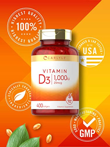 Vitamina D3 1000 UI | 400 Softgels | Fórmula Livre de Transgênicos e Glúten | 25 mcg | Comprimidos de Vitamina D3 - Carlyle
