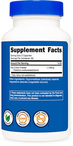 PAU D’Arco Inner Bark 1100mg – 120 Cápsulas Vegetarianas (60 Serv) – Não-OGM - Nutricost