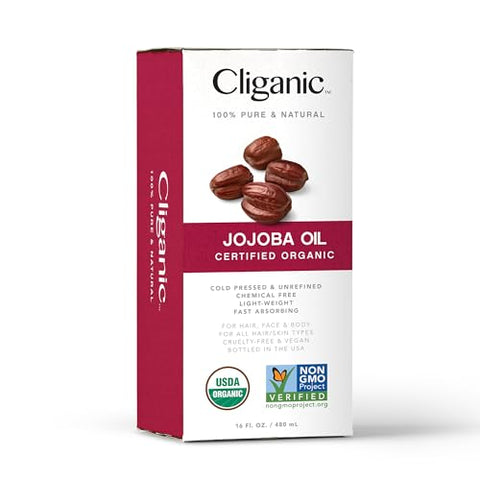 Óleo de Jojoba Orgânico Cliganic USDA 473ml com Bomba, 100% Puro | Atacado, Óleo Hidratante para Rosto, Cabelo, Pele
