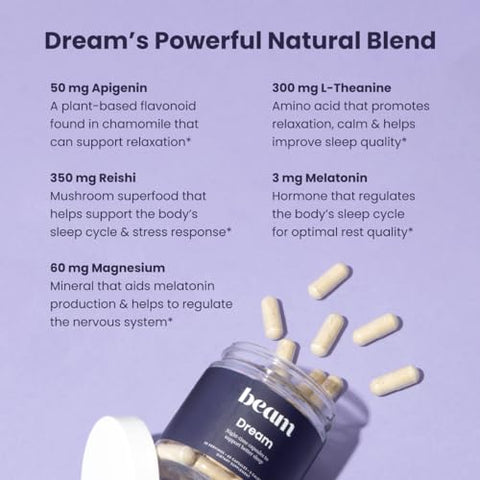 Dream | Cápsulas para Dormir | Ingredientes Naturais – L-Teanina, Magnésio | Sem Glúten, Vegano, Não-OGM, Sem Açúcar Adicionado, Keto, Sem Laticínios - Beam