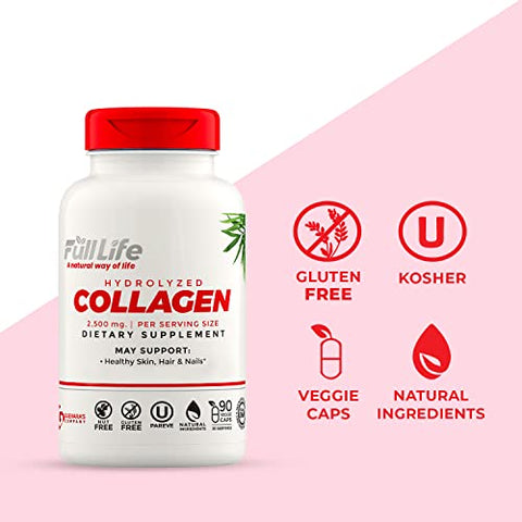 Suplemento de Colágeno Hidrolisado Full Life – Cápsulas de Colágeno Bovino para Mulheres e Homens – Cápsulas de Colágeno Kosher, Livres de Glúten – 90 Cápsulas Vegetais 2.500mg