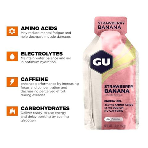 GU ENERGY GEL - GU Energy Gel Original: Energia Vegana, Sem Glúten, Kosher e Sem Laticínios para Qualquer Treino – 24 Unidades, Sabor Morango Banana