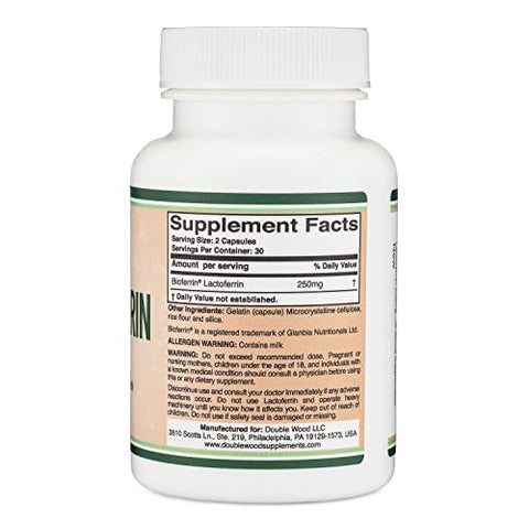 Double Wood Supplements - Lactoferrin 250mg por Porção (60 Cápsulas) Bioferrin Patenteado – Suplemento Superior de Ferro para Deficiência de Ferro e Suporte Imunológico por