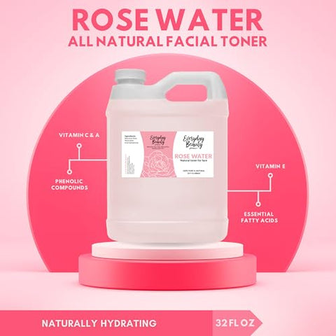 Everyday Beauty Helping You Feel Beautiful Inside And Out - Água de Rosas Tônico Facial – 946ml a Granel Vegano Livre de Álcool, Natural e Refrescante para Rosto e Cabelo – Revitaliza, Calmante