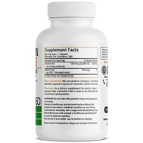 Vitamina K2 (MK7) com D3 – Fórmula Não-OGM 5000 UI de Vitamina D3 - Bronson