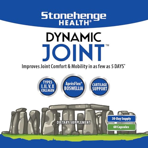 Suplemento Dinâmico para Articulações: Conforto, Mobilidade, Flexibilidade com AprèsFlex Boswellia, MSM, Colágeno, Bromelina, Cúrcuma, Vitamina C, D3 (60 Cápsulas) - Stonehenge Health