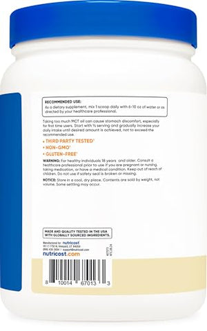C8 MCT Oil Powder 454g (16oz) Sabor Baunilha – 95% C8 MCT Oil Powder, Melhor para Dietas Keto, Não-OGM, Sem Glúten - Nutricost