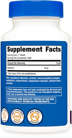 Melatonina 5mg, 240 Comprimidos de Dissolução Rápida (Sabor de Frutas Vermelhas) – Sem OGM, Sem Glúten - Nutricost