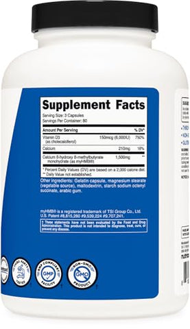 HMB (1500mg) e Vitamina D3 (6000 UI) – 240 Cápsulas, 80 Porções – Livre de Glúten e Não-OGM - Nutricost