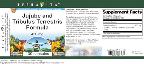 Terravita - Fórmula de Jujuba e Tribulus Terrestris – 450 mg (100 Cápsulas) – 3 Pacotes