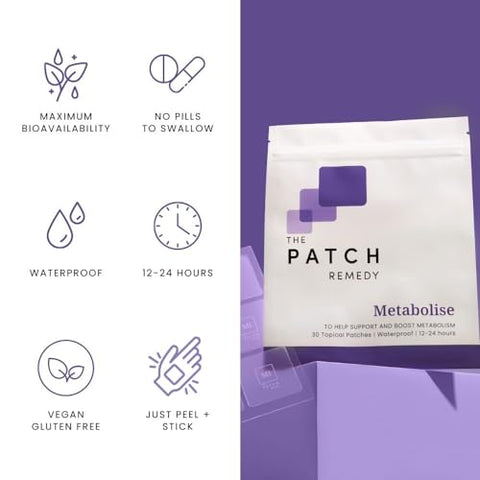 The Patch Remedy - Remendo Metabolise Patches | 30 Remendos Tópicos | À Prova d’Água | Ingredientes Incluindo 5HTP, Extrato de Guaraná, L-carnitina e Lecitina | Duração de 12-24 Horas