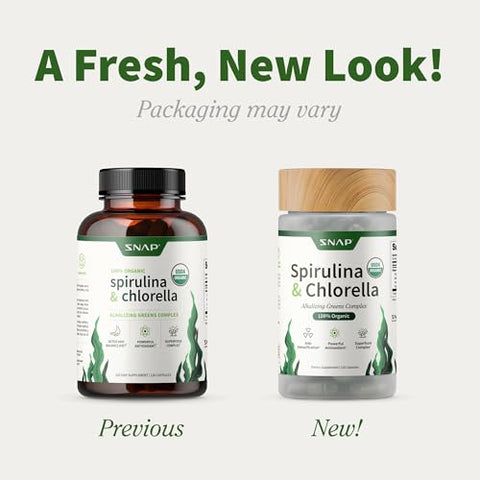 Spirulina Chlorella Orgânica USDA – Cápsulas de Superfoods Verdes para Energia Natural e Saúde Metabólica, 120 Cápsulas - Snap Supplements