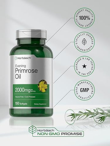 Óleo de Prímula 2000mg | 150 Cápsulas | Livre de Hexano e Solventes | Suplemento Prensado a Frio com GLA | Não-OGM, Sem Glúten - Horbäach