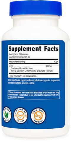 SAM-e 400mg por Porção, 60 Porções, 200mg por Cápsula, 120 Cápsulas – Não-OGM, Livre de Glúten, Vegetariano - Nutricost