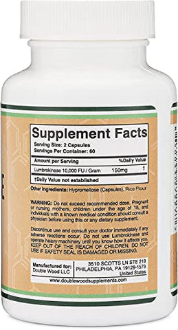 Double Wood Supplements - Lumbrokinase Enzimas – 120 Cápsulas (Atividade Máxima 10.000 FU/Grama) 150mg por Porção (Sem Preenchedores, Não-OGM, Livre de Glúten) para Saúde Cardiovascular e Circulação Sanguínea