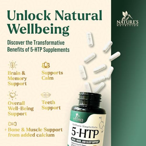 Nature's Nutrition - 5HTP Plus Calcium 200mg – Cápsulas de Suplemento para o Cérebro – Fórmula de Griffonia Simplicifolia 5-HTP – 5-Hidroxitriptofano – Natural, Vegetariano, Sem Glúten