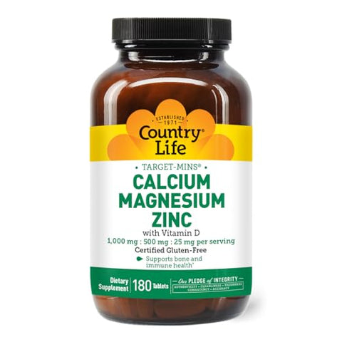 Calcium Magnesium Zinc com Vitamina D3 e Ácido L-Glutâmico, Suplemento Dietético para Suporte Ósseo, Certificado Livre de Glúten e Vegano, 1000mg/500mg/25mg, 180 Comprimidos - Country Life