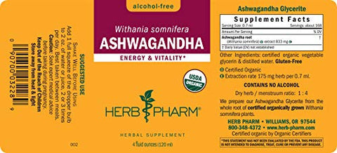 Extrato de Ashwagandha Orgânico Certificado em Gotas para Suporte Tradicional de Energia e Vitalidade, Glicerina Livre de Álcool, 120 ml - Herb Pharm