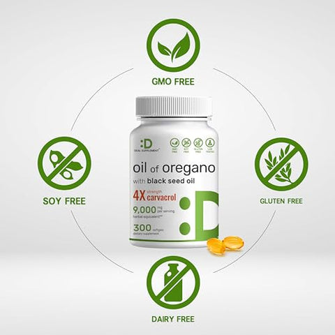 DEAL SUPPLEMENT - Óleo de Orégano em Cápsulas com Óleo de Semente Negra – 9.000mg por Porção, 300 Cápsulas – Extrato 30:1, Carvacrol Ativo