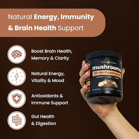 NutraChamps - Pó de Cogumelo Orgânico – Complexo 10 em 1 – Leão da Montanha, Reishi, Shiitake, Chaga, Cauda de Peru, Cordyceps, Maitake