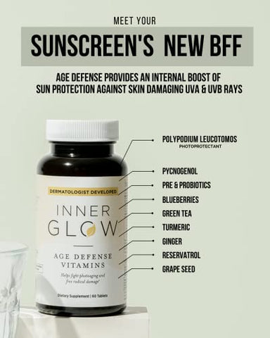 Vitaminas Inner Glow Age Defense – Desenvolvidas por Dermatologista e Cirurgião Plástico para combater fotoenvelhecimento e melasma, com Polypodium Leucotomos e Pycnogenol