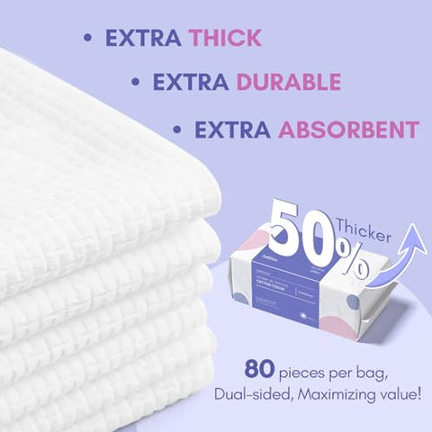 Toalhas de Limpeza Facial Descartáveis de Algodão PoeticEHome – Extra Espessas e Biodegradáveis – 4 Pacotes