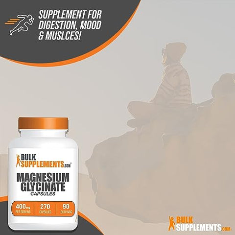 com Cápsulas de Magnésio Glicinato – Bisglicinato de Magnésio, Suplemento de Magnésio, 400mg de Magnésio Glicinato – Sem Glúten, 3 Cápsulas por Porção, 270 Cápsulas - BulkSupplements