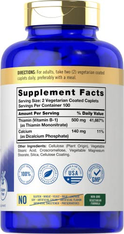 Vitamina B1 500mg (Tiamina) | 200 Cápsulas Vegetarianas | Suplemento Sem OGM e Glúten - Carlyle