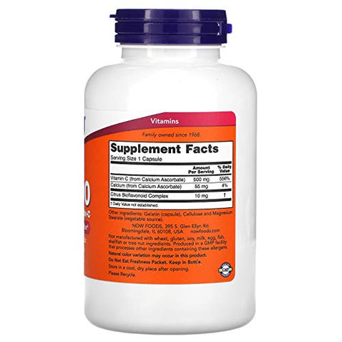Suplementos, Vitamina C-500 Ascorbato de Cálcio, Proteção Antioxidante, 250 Cápsulas Vegetais - NOW Foods