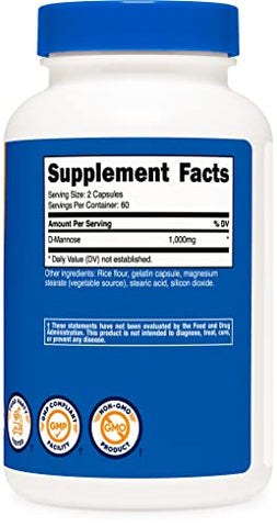 D-Mannose 500 mg – 120 Cápsulas (2 Frascos) – 1000mg Por Porção, Livre de Transgênicos e Glúten - Nutricost