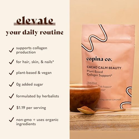 Copina Co. - Cacao Beauty Vegan Collagen Booster Drink Blend: Suporte de Colágeno Vegano à Base de Plantas | Smoothie Cremoso de Sabor Cacau | 1 Pacote – 25 Porções por Pacote