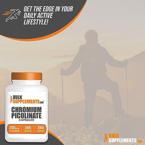 com – Picolinato de Cromo 200mcg – Cápsulas de Picolinato de Cromo, Suplemento de Cromo, Cápsulas de Cromo – Livre de Levedura, Livre de Glúten, 1 Cápsula por Porção, 365 Cápsulas - BulkSupplements