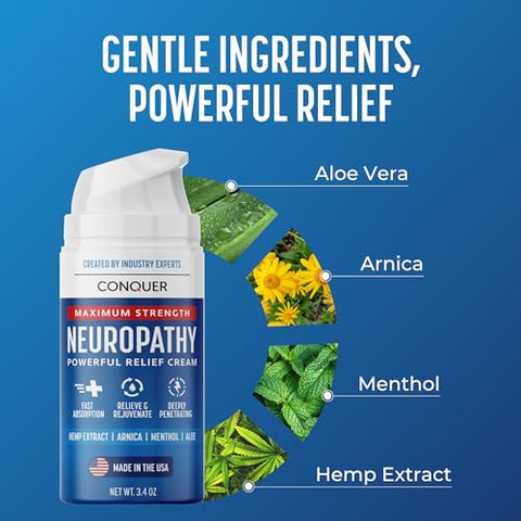 Conquer Products - Creme CONQUER para Neuropatia – Alívio Poderoso com Arnica Natural, Aloe Vera, Extrato de Hemp e Mentol – Máxima Potência Refrescante (60g)
