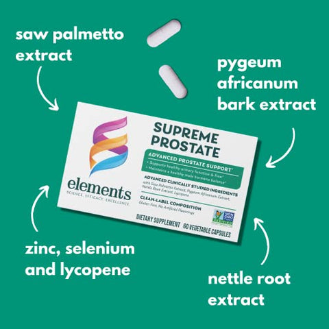 Supreme Prostate – 60 Cápsulas (30 Dias de Suprimento) | Suporte Avançado para Próstata | Promove Fluxo Urinário Saudável | Livre de Glúten - Elements