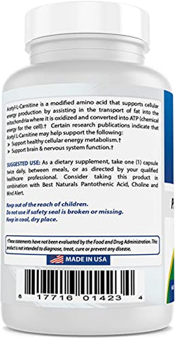 Best Naturals - Melhor Naturals Acetyl L-Carnitina 1000 mg 60 Cápsulas (60 Unidades – Pacote com 3) – Aumente sua energia e metabolismo!