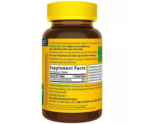 Ferro 65 mg (Sulfato Ferroso) Comprimidos para Formação de Glóbulos Vermelhos (365 un.) - Nature Made