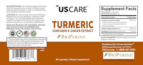 USCare Nutrition - Cúrcuma Curcumina com Gengibre – Potente Antioxidante Natural – 100g