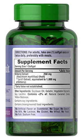 Puritan's Pride - Puritan’s Pride Bilberry 1000 Mg Softgels – Twin Pack 180 Unidades (2 Embalagens) – Comprimidos de Bilberry 1000 Mg – Embalagem Dupla – Alta Qualidade – Saúde Ocular – Antioxidante Natural – Marca Puritan’s Pride