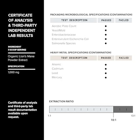 Toniiq - Lions Mane em Pó Orgânico Ultra Concentrado 10x 10,000mg – 30% Polissacarídeos – Alta Concentração e Bioacessibilidade – 90g
