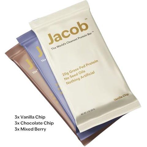 Bar, Barras de Proteína, Pacote Sortido (9 Barras no Total) Contém 3 de Cada; Chocolate, Baunilha, Frutas Vermelhas – 20g Proteína de Pasto, Sem Óleos de Sementes, Sem Ingredientes Artificiais - Jacob