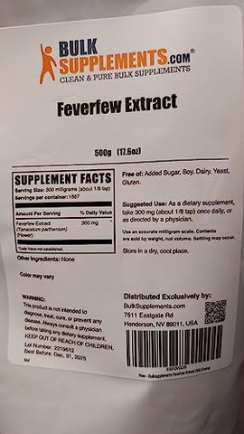 Feverfew Extract Powder BulkSupplements.com – Herbal Supplement 300mg – Gluten Free – 500g (1.1 lbs) (Pack of 1)