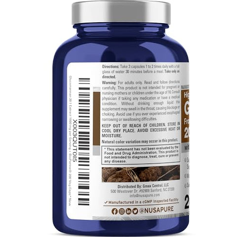 Glucomannan 20.000 mg por Porção 200 VCaps (20:1 Extrato, BioPerine Não-OGM, Vegano) Raiz de Konjac – Compre Agora! - NusaPure