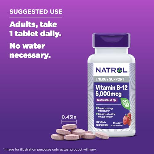 Vitamina B12 Comprimidos de Dissolução Rápida, Energia e Sistema Nervoso Saudáveis, Máxima Potência, Sabor Morango, 5.000mcg, 100 Unidades - Natrol