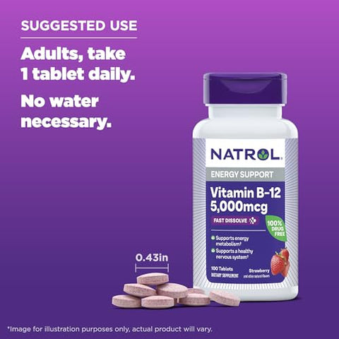Vitamina B12 Comprimidos de Dissolução Rápida, Energia e Sistema Nervoso Saudáveis, Máxima Potência, Sabor Morango, 5.000mcg, 100 Unidades - Natrol